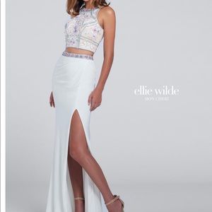 Embellished white prom dress, pink and blue beads